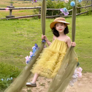 Girls Summer Puffy Sleeveless Dress Korean Style High Waist Soft Fabric Daily Wear Fashionable Princess Skirt Child Clothing