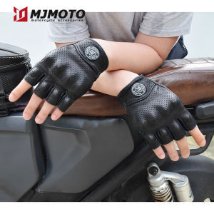 Summer Black Retro Leather Motorcycle Gloves Men Women Breathable Motocross Riding Gloves Hard Shell Protective Anti-fall Motorbike Half Finger Gloves Non-slip Dirt Bike Gloves