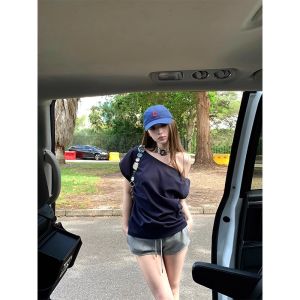 American Style Spicy Girl Solid Color Oblique Collar Short Sleeve T-Shirt Womens Design Summer Waist Cinching Shoulder Baring Versatile Top