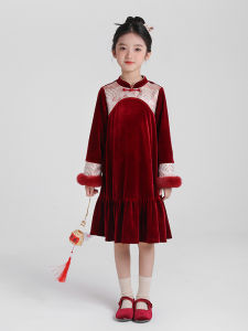 Girls Winter Long Sleeve Dress New Year Visit Clothing High Waist mid Length Skirt Childrens Fashion Thickened Warm Dress