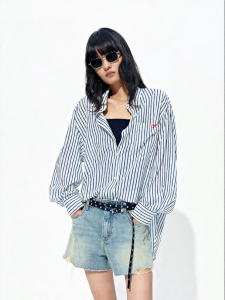 MO&Co. | Navy and White Striped Loose Drop Shoulder Shirt