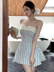 GUZILIAN | Korean Style Striped One Shoulder Bridesmaid Dress Women Summer Butterfly Knot Backless A-Line Short Skirt Elegant Dress