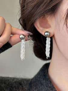 Pure Silver Pearl Tassel Earrings Womens Fashion 2025 New Unique Design High-End Sensation Grey Linen Flowing Ear Jewelry
