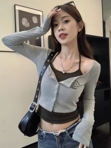 Áo Thun Dài Tay Ôm Vừa Vặn Cổ Treo Phong Cách Mỹ Cổ Điển Dành Cho Nữ Đầu Thu Ngắn Gợi Cảm Áo Sơ Mi Cơ Bản