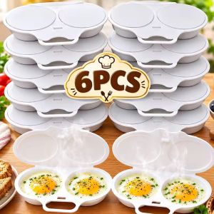 6Pcs Microwave Egg Cooker Food Grade PP Double Cavity 16x11.5cm with Lid and Handle Steamed Fried Egg Maker White