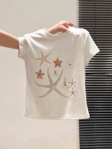 Áo Thun Nữ Tay Ngắn Màu Trắng Cổ Tròn Ôm Vừa Vặn Mùa Hè 2025 Áo Thun Thường Ngày in Họa Tiết Thoáng Khí