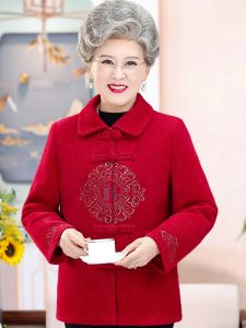 Elegant Embroidered Woolen Jacket Loose Fit Autumn Wear for Elderly Women Grandmother Style Polo Collar Thickened Polyester