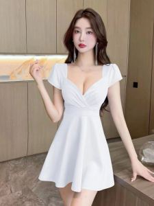 ชุดเดรสสั้นทรงเอคอวี ผ้าโพลีเอสเตอร์ ชุดงานปาร์ตี้กลางคืน ชุดทำงาน ชุดนวด สปา บาร์ KTV เสื้อผ้าทำงาน ปกปิดหน้าท้อง