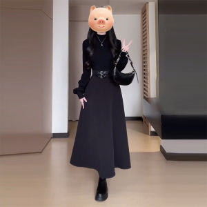 PEIZIXUAN | Elegant Hepburn Style High-Waist Long Sleeve Black Dress for Petite Early Spring