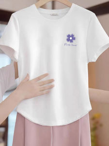 Korean Style Short Sleeve Pure Cotton White T-Shirt Womens Slim Fit Fashionable Top round Neck Print Casual Summer New Arrival