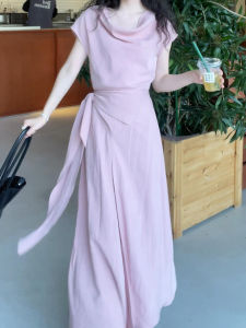 Karrar betsey | Summer Pink French Style Holiday Dress Womens Waist-Cinching Neck Swinging Long Dress Sweet High Waist Short Sleeve A-Line Skirt