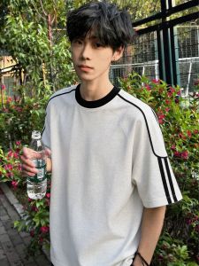 OUMULONG | Boxy Fit American Streetwear Heavyweight Cotton Striped T-Shirt Five Quarter Sleeves