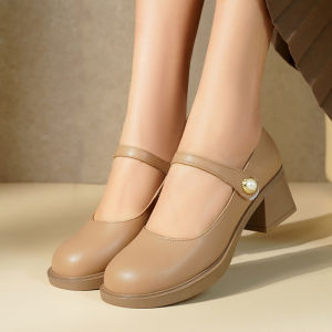 Giày Cao Gót Vừa Gót Vuông Kiểu Pháp Mẫu Mới Giày Một Lớp Nữ Miệng Nông Mary Jane Có Khóa Ngọc Trai Đi Làm Cỡ Lớn