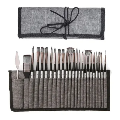Professional 24-Piece Artist Paint Brush Set - Assorted Flat Round Fan & Detail Brushes with Premium Soft Bristles Wooden Ha