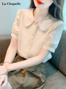 La Chapelle Fashionable Embroidered Bubble Sleeve Doll Collar Short Sleeve Womens Shirt Korean Style Loose Fit Polyester Fiber