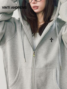 Winter Fleece Lined Hooded Zipper Loose Medium Length Sweatshirt