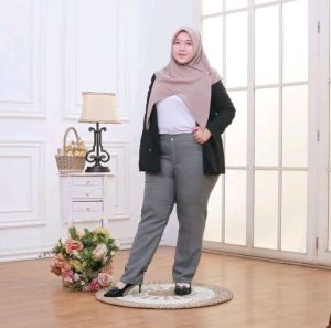 Jumbo Celana Kerja Kantor Wanita Model Pinggang Karet Samping Kanan Kiri