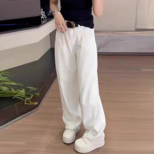 High Waist Wide Leg Straight Cut Korean Style Womens Jean Autumn New Loose Slimming Floor Length Knife Edge Pants