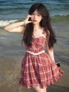 French Vintage Sweet Red Plaid Halter Summer Short Lace Splicing Waist Cinch Dress High Waist A-Line Skirt Style No Sleeve