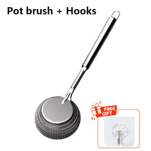 304 Stainless Steel Pot Brush Kitchen Special Pot Washing Steel Wool Ball Brush Long Handle Dish Cleaning Brush Pot Brush Tools