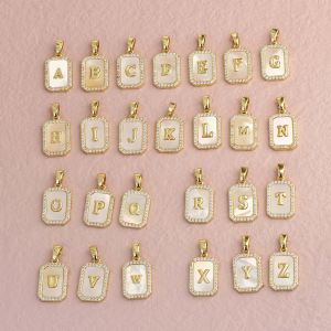 Stainless Steel Square 26 Letters Pendant Necklace White Shell Inlay Cubic Zircon Letter Initial Necklace