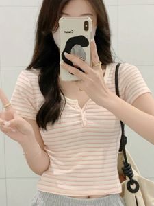 Áo Thun Cotton Tay Ngắn Ôm Vừa Vặn Cổ Chữ V Mùa Hè Cho Nữ Thời Trang Thường Ngày Dài Tay in Họa Tiết Sọc