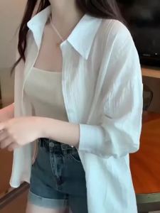 Summer Loose Ice Silk Chiffon Sun Protection Jacket for Women UV Protection Draped Striped Thin Cardigan Shirt Coat