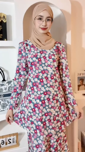 QAYRAA Rosies Floral Elegance Zip Kurung Set - Breathable Puff Sleeve Muslim Dress