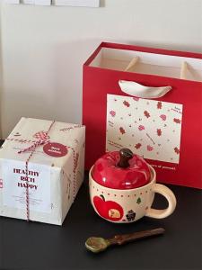 Handmade Christmas Gift Box Super Cute Large Apple Ceramic Mug Healing Illustration Lid Spoon Not Included Single Ear Handle