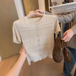 DUOFEIYAN | Vintage Style Lace Hollow Out Ice Silk Knit T-shirt