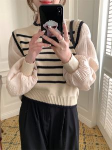 French Stripe Pattern Knitted Sweater Women Early Spring Youthful Beautiful Fashionable Sweet Bubble Sleeve Top Ensemble
