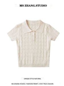 American Lapel Short Sleeve Cable Stitch Polo Shirt Women 2024 Spring/Summer New Arrival Silm Slimming and Short Knitting T-shirt Tops