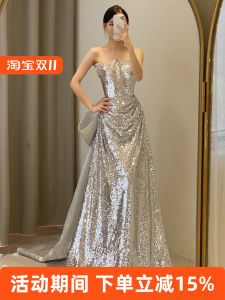 ชุดราตรีงานแต่งงานประดับเลื่อมสีเงินสไตล์เกาหลี ชุดเดรสยาวสายเดี่ยวเอวกลาง ชุดราตรีสำหรับงานปาร์ตี้และงานวันเกิด