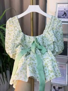 เสื้อเชิ้ตผู้หญิงคอเหลี่ยมสไตล์ฝรั่งเศส แขนสั้นลายดอกไม้ แฟชั่นฤดูร้อน ทรงเข้ารูป เสื้อผ้าทำงานสไตล์เกาหลี เสื้อผ้าทำงาน