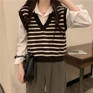 2025 New Womens Knitted Loose V-Neck Sleeveless Vest Striped Layering Top Korean Style Casual Wear Daily Occasion