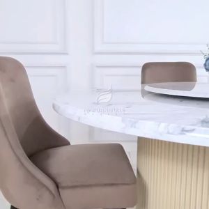 Set Meja Makan Bulat Dua Marmer Putih Carrara Kursi 4pc Kaki Kayu