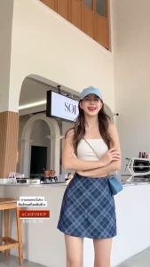 Acasey กางเกงขาสั้นผู้หญิง กางเกงกระโปรง ผ้ายีนส์ ทอลายสก็อต ซิปข้าง