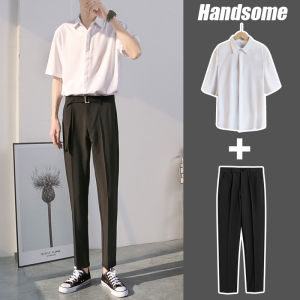 Ice Silk Short Sleeve Shirt Men Casual Thin Mid Sleeve Mens Clothing Matching a Set of Handsome Suit Pants Fancy Drape