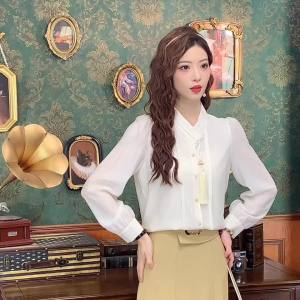 AMMIN 2025 Spring and Autumn new r new Chinese stand collar fashion pleated single-breasted commuter long sleeve shirt womans Chinese style fringe design elegant blouse