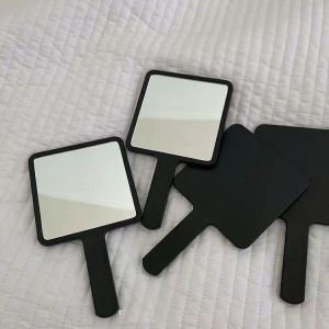Portable Handheld Makeup Mirror Student Compact Travel Size Black Handle Mirror Simple Design Personal Grooming Tool