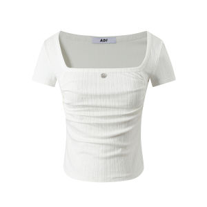 ANDYET AD1 Original Basic Solid Color Square Collar T-shirt Women Summer Short Sleeve Slim Fit Waist Pleated Short Top