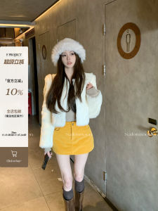 กระโปรงสั้นผ้าคอร์ดูรอยหนาสำหรับผู้หญิงในฤดูหนาวพร้อมกางเกงความปลอดภัย F PROJECT Pumpkin Latte ทรงเอเอวสูง