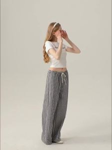 Korean Style Plaid Wide Leg Pants Sweet Casual Versatile Long Pants