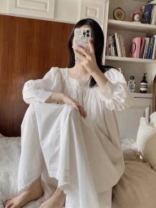 Pinkgoddess French Style Hep-burn White Nightgown Pure Cotton Long Dress Retro Wind Lace Detailing Square Collar
