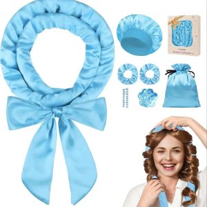 ที่ม้วนผมแบบไม่ใช้ความร้อน ซาติน สำหรับม้วนผมข้ามคืน ชุดม้วนผมแบบไม่ใช้ความร้อนสำหรับผู้หญิงผมยาว-8 ชิ้น สีฟ้า