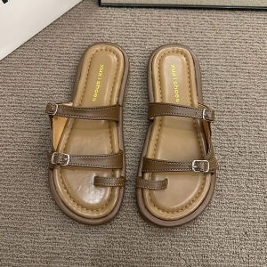 Evening Breeze Flat Bottom French Style Womens Sandals Summer Outdoor Beach Holiday One Strap Slippers Casual Low Heel PU