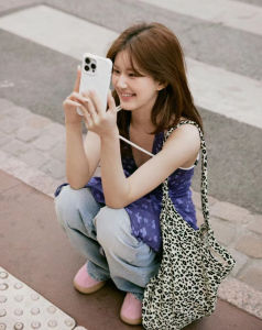 Large Capacity Leopard Print Canvas Tote Bag for Women Single Shoulder Shopping Bag in Pink Soft Japanese Style