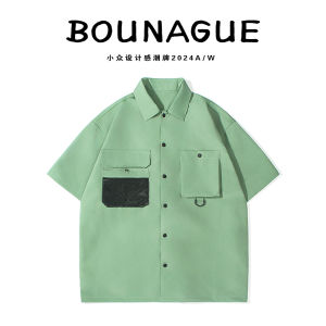 Niche Design Pocket Short Sleeve Shirt Boys Summer Japanese Cuban Collar Casual and Comfortable Parka Shirt Coat