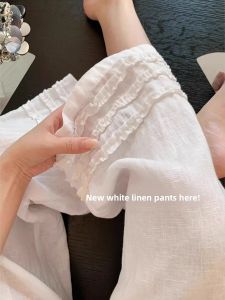 WANGGONGZHU | Lightweight Summer Casual Pants Womens Straight Leg Linen Wide Leg Fashionable Wood Grain Edge Design High Waist Elastic