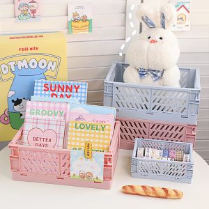 2 Medium+2 Small Durable Folding Storage Crate Plastic Storage Baskets for Desk Organizing Office Drawer Organizer